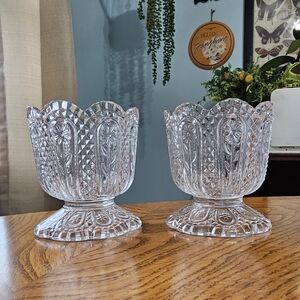 Pair Of Vintage Avon Clear Glass Diamond And Daisy Votive Candle Holders